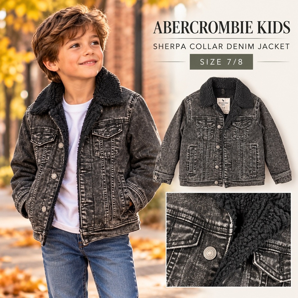 Abercrombie Kids Sherpa Lined Denim Jacket Black Acid Wash Size 7/8 Trucker Coat